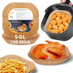 HONYAO Backpapier für Heißluftfritteuse XXL, 100 Stück, 20x20 cm, Antihaft Einwegschalen, Kompatibel mit COSORI, Philips, Cecotec