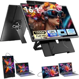 Blackview Laptop Bildschirm Erweiterung 16" FHD, 1200P, Ultraleicht Tragbarer Monitor mit 360° Magnetständer, Plug & Play für Windows/Mac/PS5/Switch, Reise & Studium