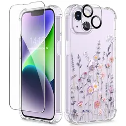 GVIEWIN iPhone 14 Hülle mit Displayschutz und Kamera Schutzfolie, Blume Klar TPU, Dünn und Stoßfest