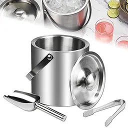SCHYIDA 2L Edelstahl Eiswürfelbehälter mit Deckel, Zange und Schaufel - Ideal für Party und BBQ