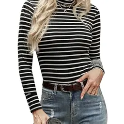 Aottori Damen Rollkragenpullover mit Longarm, Slim Fit, Schwarz mit Streifen, Gr. M