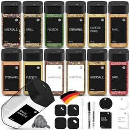 Miorkly Gewürzgläser Eckig - 12er Set mit Drehdeckel, 120ML Gewürzstreuer Set mit Etiketten und Trichter