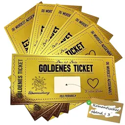 6 Set Goldene Ticket Rubbellose Wunschgutschein - Gutschein für Valentinstag, Geburtstag, Reise & Kino, Geschenkidee mit Umschlag