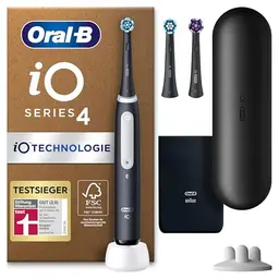 Oral-B iO Series 4 Plus Elektrische Zahnbürste mit 3 Aufsteckbürsten und 4 Putzmodi, inkl. Reiseetui, matt schwarz