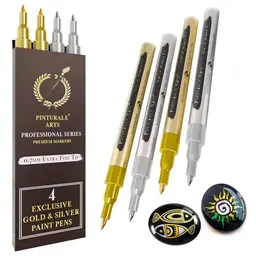 Pinturale Arts® Set 4 Metallic Stifte - 2 Gold, 2 Silber für Holz, Glas, Steine, Keramik, Metall