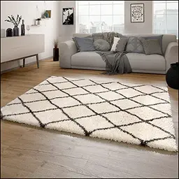 Paco Home Hochflor Teppich Wohnzimmer Shaggy Skandinavisches Rauten Muster 160x230 cm Creme