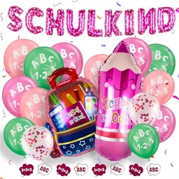 Schultüte mit Ballon Mädchen Rose und Grün, ABC & 123, Deko für den Schulanfang