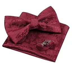 Herren Fliegen-Set mit Taschentuch und Manschettenknöpfen (Maroon)