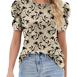 Damen Sommer Bluse mit Puffärmeln und Spitze, Lässiges T-Shirt, Rundhals, Elegant, Aprikose, S