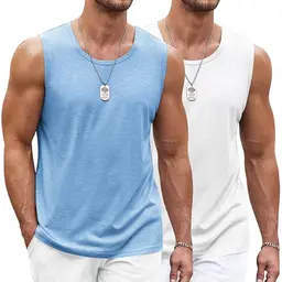 COOFANDY Herren Tank Top - Ärmelloses Fitnessshirt für Männer, Schnelltrocknend, Weiß/Hellblau (2 Stück)