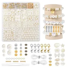 VGECEE 1737 Stück Perlen Set für Kinder - Weiße Unregelmäßige Armbänder 4-12mm mit Gold Abstandsperlen für DIY Schmuck