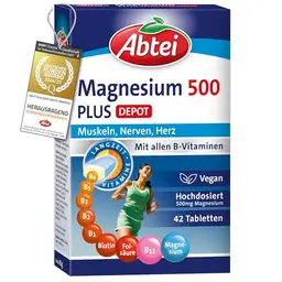 Abtei Magnesium 500 Plus - hochdosiert mit B-Vitaminen - vegan - 42 Tabletten