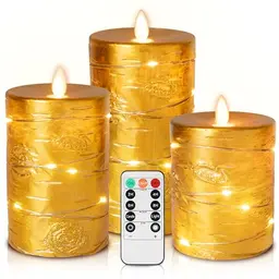 Da by Goldene LED Kerzen – Flammenlose 3-teilige Kerze mit Fernbedienung und 24-Stunden-Timer