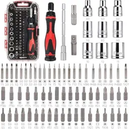 Amazon Basics Ratschenschlüssel und Schraubendreher, 73-teilig, für Elektronik, 1er-Pack, Schwarz/Silber/Rot