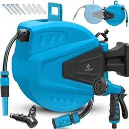 KESSER® Schlauchtrommel 30m mit 2-Wege-Verteiler und Multi-Handbrause | 180° schwenkbar | Wandhalterung | Blau