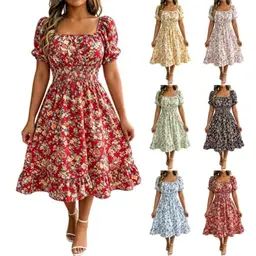 Damen Blumenkleid Sommer Abendkleid Große Größen Langarm Kurzarm A-Linie Elastischer Hoher Taille Strandkleid
