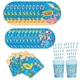 60er Set Schwimmringe für Strand- und Poolpartys, Geschirr, Teller, Tassen und Servietten