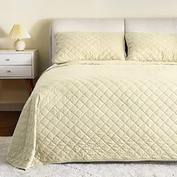 Threads For Bed® Tagesdecke Set, Beige Karo Bettüberwurf 220x240 cm + 2 Kissenbezüge 40x80 cm