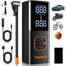 Topipop Elektrische Luftpumpe, Akku-Kompressor 150 PSI für Auto, Fahrrad, E-Scooter, Motorrad & Bälle, Tragbar mit 4 Modi, Powerbank & Notlicht