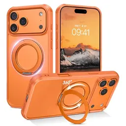 DOMAVER Magnetische Hülle für iPhone 17 Pro Max mit unsichtbarem Ringständer, stoßfest, schmal, für Damen und Herren, Orange