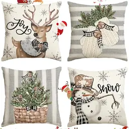4 Stück Weihnachtskissenbezüge Rentier, Schneemann, Handschuhe, Holly - Leinen Kissenhüllen (Weiß)