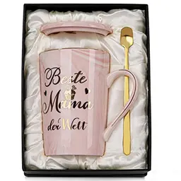 Lustige Muttertagsgeschenk-Tasse, 400ml, rosa Marmor mit Goldaufdruck, Deckel, Löffel, Grußkarte & Geschenkbox