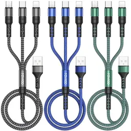 RAVIAD 3-in-1 USB Ladekabel Set (3 Stück, 1.2m) - Nylon Schnellladung für iPhone, Android, Samsung, Huawei, LG