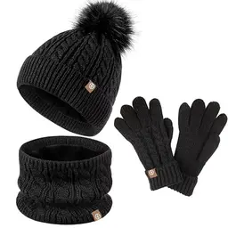 fdsmall Kinder Winterset: Hut, Schal und Handschuhe, Dicke gestrickte Gaiter mit Kunstfell (Schwarz)