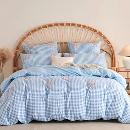 Lanqinglv Bettwäsche Set 220x240 cm Blau mit Schleifen, romantisches Design mit 2 Kissenbezügen 80x80 cm