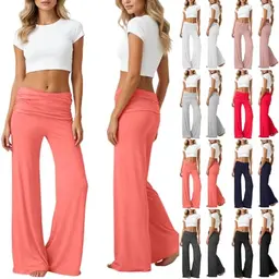 Coral Fold Over Yoga Pants Damen, Weite Palazzo Hose mit hohem Umschlagbund