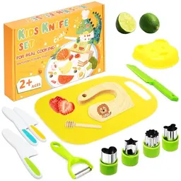 Macmoon Kindermesser Set für Kinder – 13-teilig mit Sicherheitsmessern und Ausstechformen (gelber Löwe)