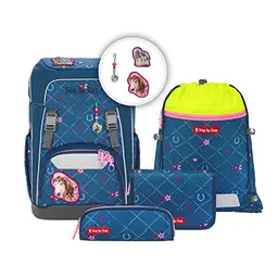 Step by Step Schulranzen-Set GIANT „Horse Lima“ 5-teilig, ergonomischer Tornister, höhenverstellbar mit Hüftgurt, 23L, blau-rosa, Pferd-Design