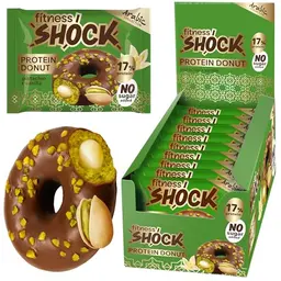 FitnesSHOCK Protein Donut Kekse mit Vanille-Füllung, Pistazien, ballaststoffreicher, zuckerfreier Snack, 9×70g
