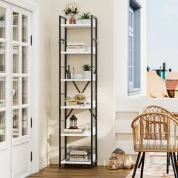 YITAHOME Bücherregal mit 6 Ebenen und 4 Haken, industrielles Holzregal für Wohnzimmer und Heimbüro
