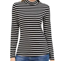 Jiuday Damen Thermoshirt Langarm Stehkragen Slim Fit Fleece Pullover Schwarz/Weiß Gestreift