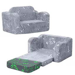 MeMoreCool 2-in-1 Kindersofa zum Ausklappen, Grau mit Hundemotiv