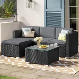 SONGMICS Gartenmöbel-Set, Ecksofa und Lounge-Set aus Rattan mit Kissen und Glastisch, schwarz-grau