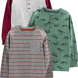 Simple Joys by Carter's Jungen Long-Sleeve Shirts, 3er Pack, Dunkelgrau, Fichtengrün Dinosaurier & Grau Punkte, 12 Monate