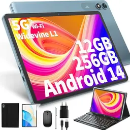 JJGJ 10 Zoll Android 14 Tablet mit Tastatur, 12GB RAM, 256GB Speicher, 5G WiFi, Gesichtserkennung, Schwarz