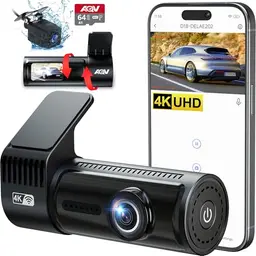 AQV 4K Dashcam für Auto Vorne und Hinten mit WiFi, 64GB SD Karte, Nachtsicht, 170° Weitwinkel, Parküberwachung