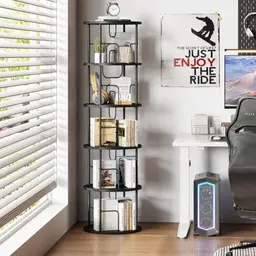 Flycity 360° drehbares Bücherregal aus Holz, 5 verstellbare Ebenen, 45x45x160 cm, Schwarz, ideal für Bücher und Deko