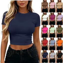 Damen Crop Top Kurzarm Shirt | Enger, elastischer Sommer-Look | Aesthetic Y2K Style, Basic Rundhals, Streetwear