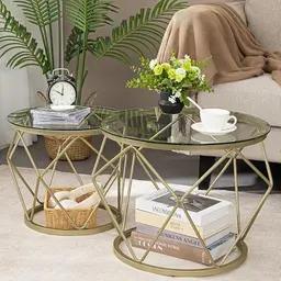 Hzuaneri Rundes Couchtisch-Set, 2 Beistelltische mit Metallrahmen, Klein für Wohnzimmer und Schlafzimmer, Gold