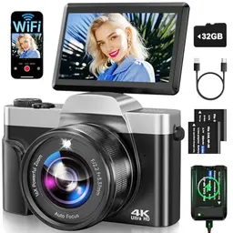 Digitalkamera 4K 64MP mit WLAN, 3'' Klappbildschirm, 32GB, 2 Akkus, Ladestation, kompakt für Anfänger & Teenager - Schwarz