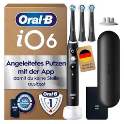 Oral-B iO Series 6 Plus Elektrische Zahnbürste mit 5 Putzmodi, 3 Aufsteckbürsten & Reise-Case – Schwarz
