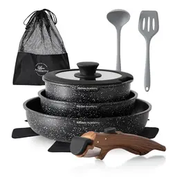 Kitchen Academy 10-teiliges Topfset mit Glasdeckeln und Marmorbeschichtung, induktionsgeeignet, Schwarz