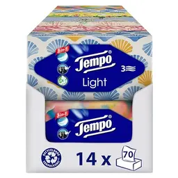 Tempo Light Box Taschentücher Megapack - 14 Boxen, 70 Tücher pro Box - weiche Papiertaschentücher