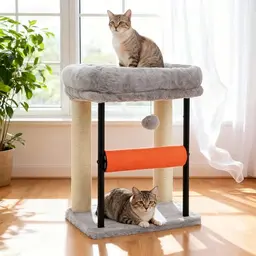 Hey-brother Katzenbaum 50 cm, Kratzpfosten mit Sisalsäule, Plüschplattform, Spielbälle, Hellgrau