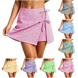Damen Hosenrock Kariert, Mini, Hohe Taille, Sommer, Boho, Y2K, Schlitz, Sexy Skorts