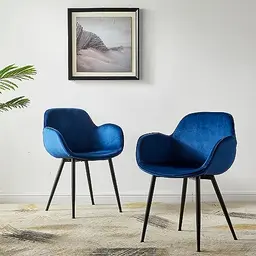 LeChamp 2er Set Velvet Esszimmerstuhl mit Armlehnen - gepolstert, weich, Blau für Küche und Wohnzimmer